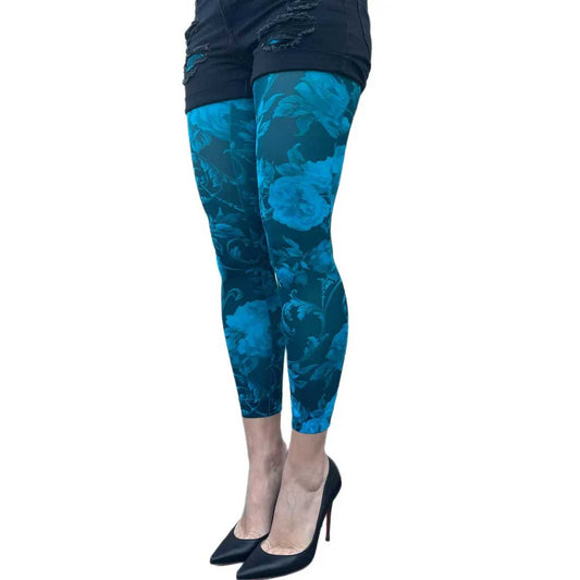turquoise floral patterned footless tights for women by Malka Chic featuring vibrant flower design hosiery.