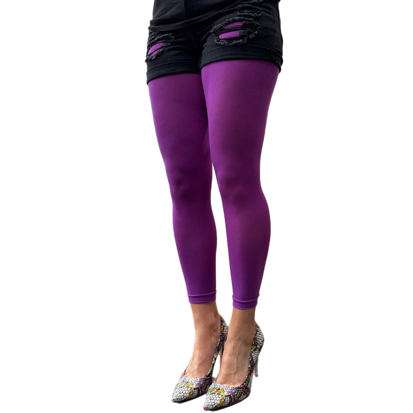 Violet purple footless tights paired with casual fashion styling