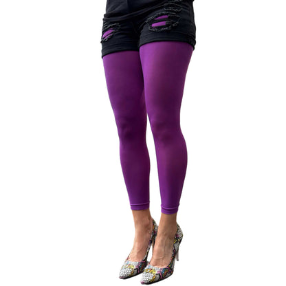 Violet purple footless tights paired with casual fashion styling