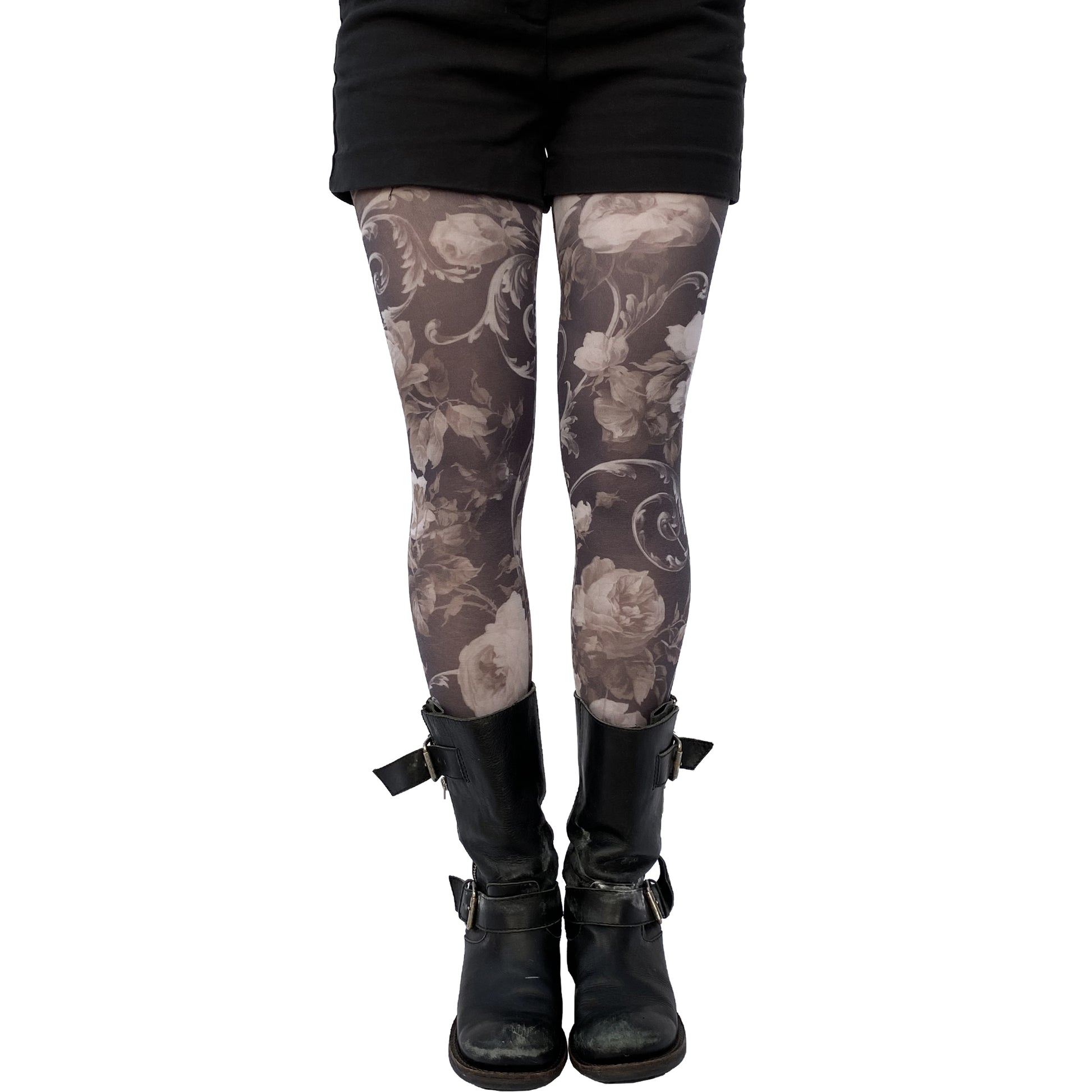 White floral patterned tights for women by Malka Chic featuring delicate flower design hosiery.