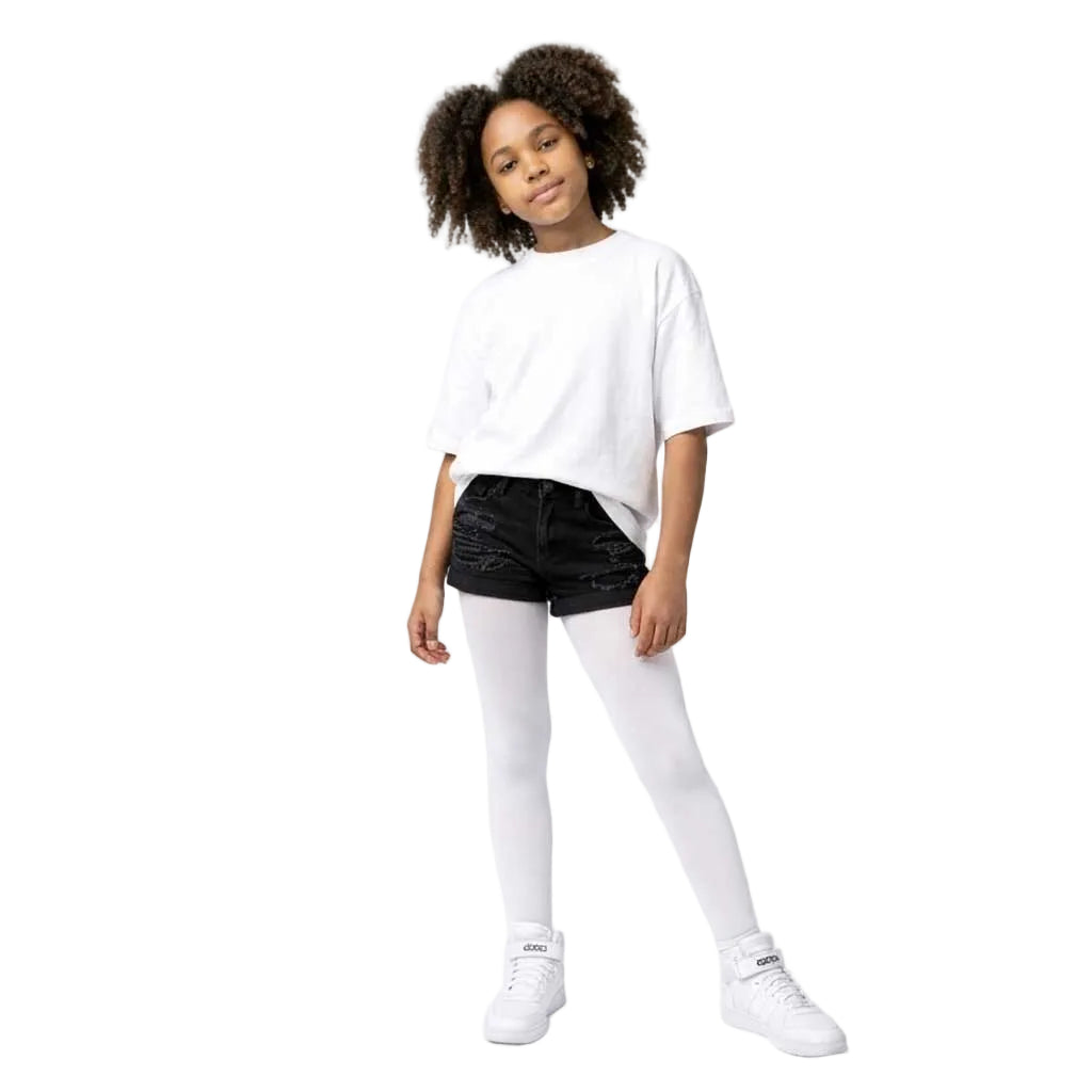 Girl wearing white opaque tights – soft and comfortable everyday tights for kids