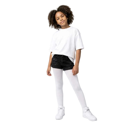 Girl wearing white opaque tights – soft and comfortable everyday tights for kids