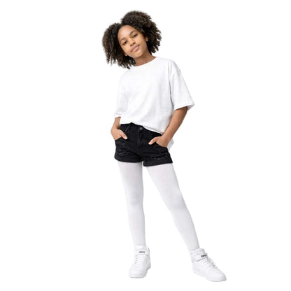 Girl wearing white opaque tights – soft and comfortable everyday tights for kids