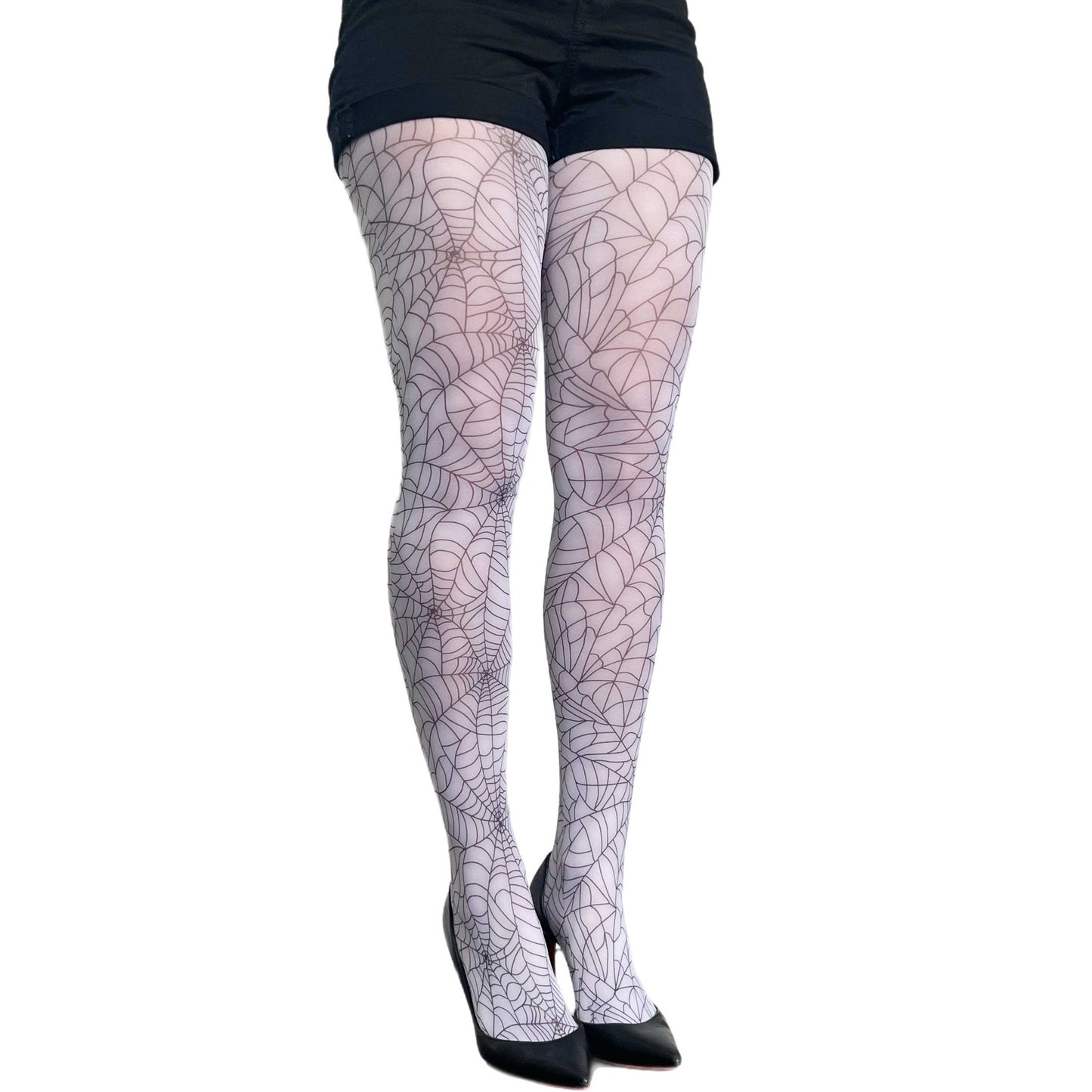Malka Chic white spider web patterned tights, unique hosiery for Halloween and stylish outfits.