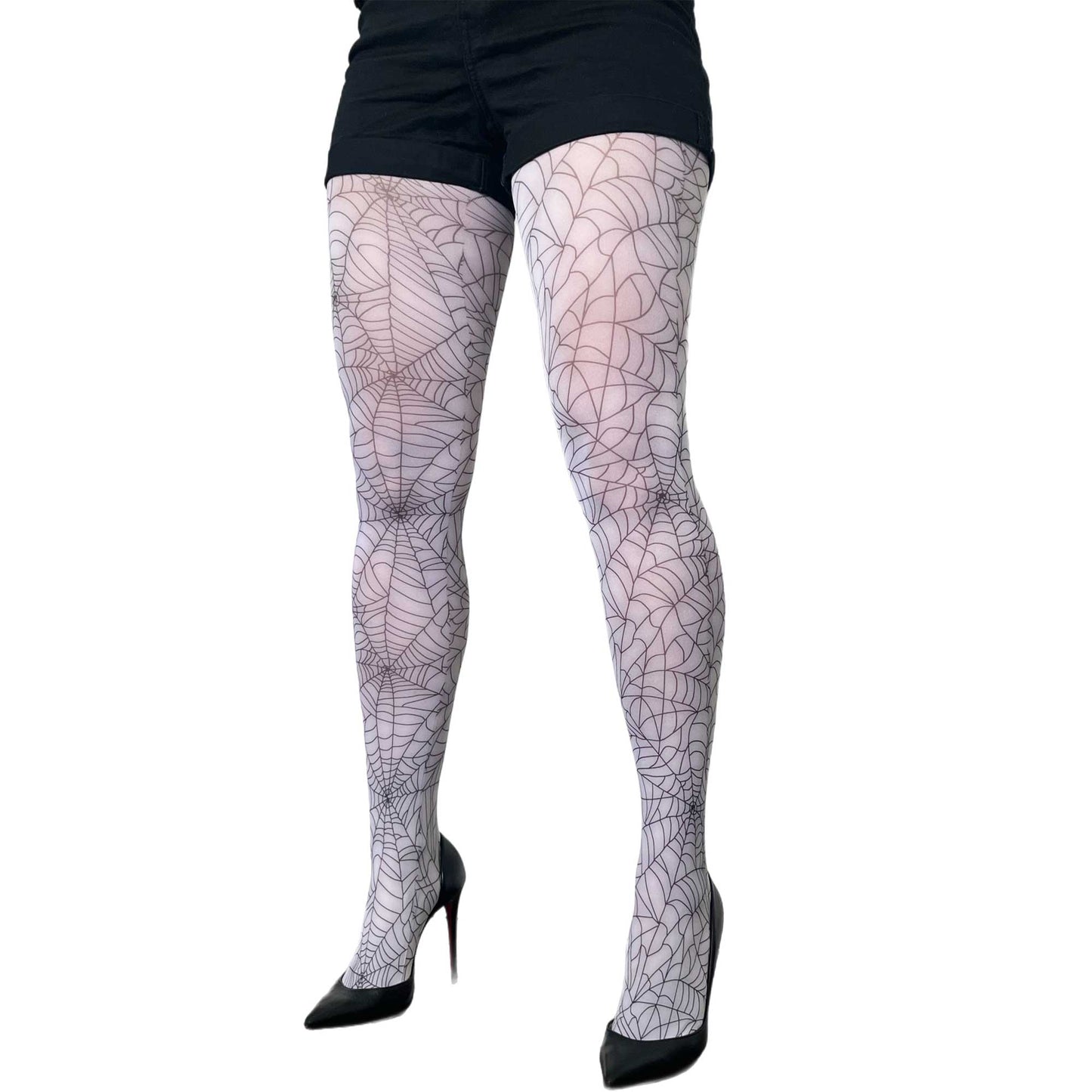 White web print tights for women by Malka Chic, creative patterned hosiery for standout looks.
