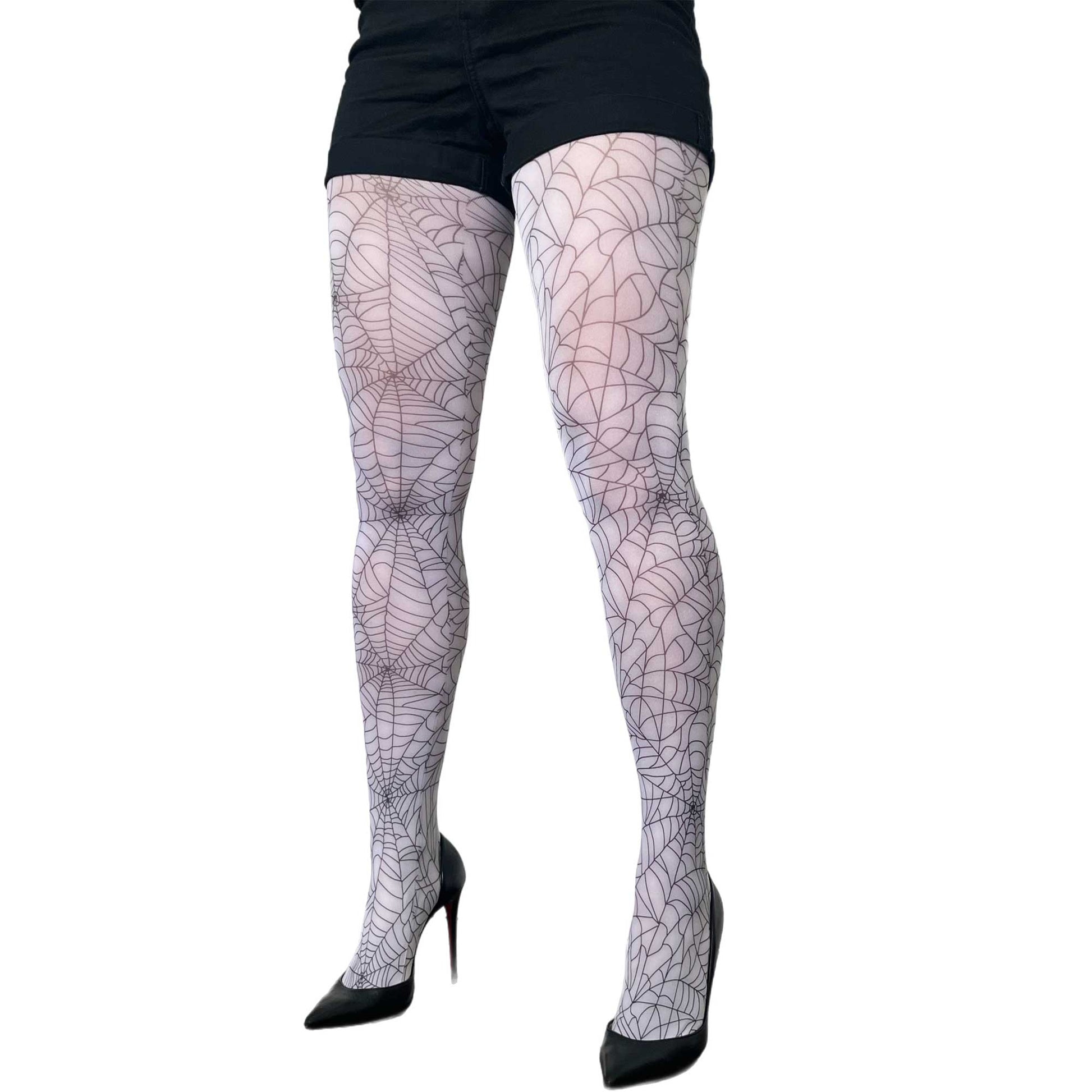 White web print tights for women by Malka Chic, creative patterned hosiery for standout looks.