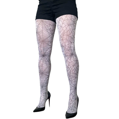 White web print tights for women by Malka Chic, creative patterned hosiery for standout looks.