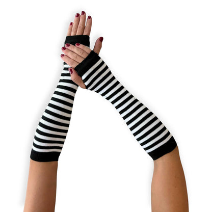 Malka Chic women’s black and white striped fingerless gloves with thumb openings and extended length.
