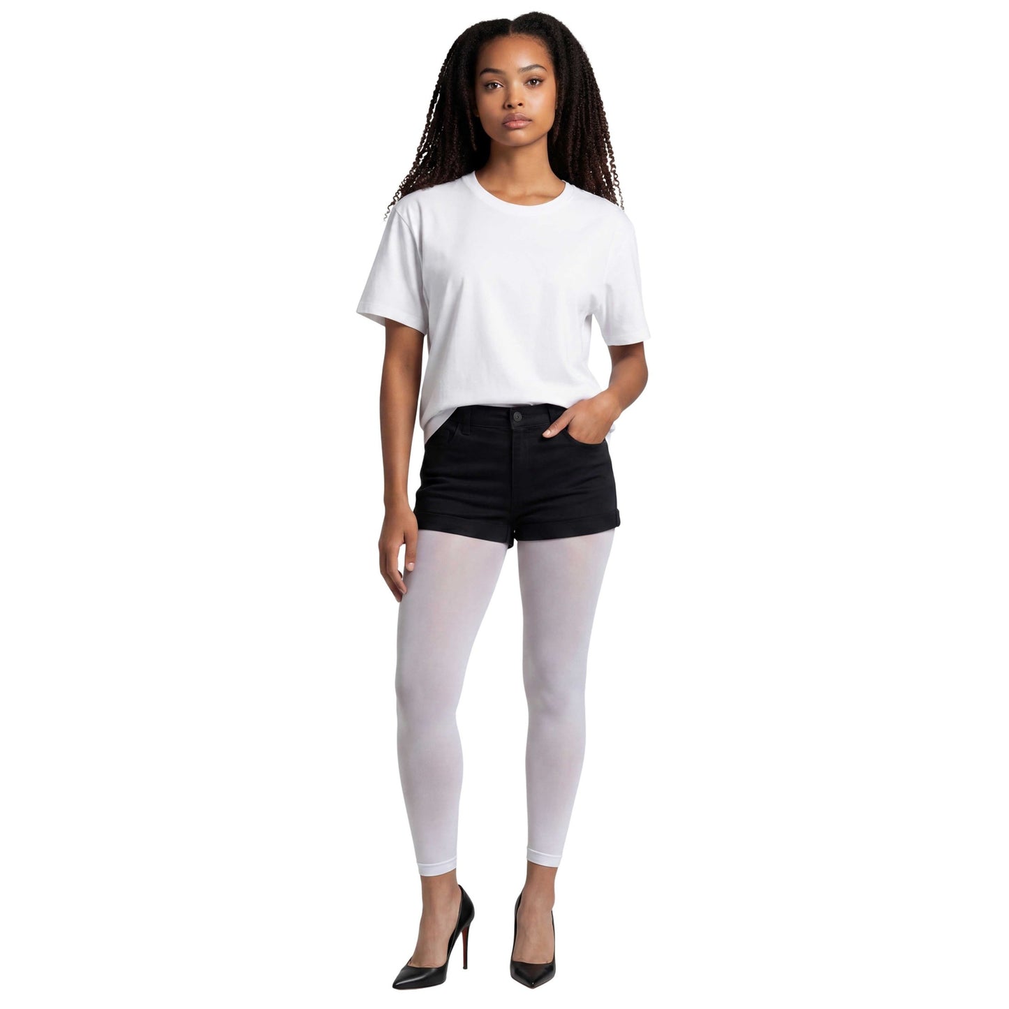Woman wearing a Comfortable white footless tights designed for versatile styling and all-day wear