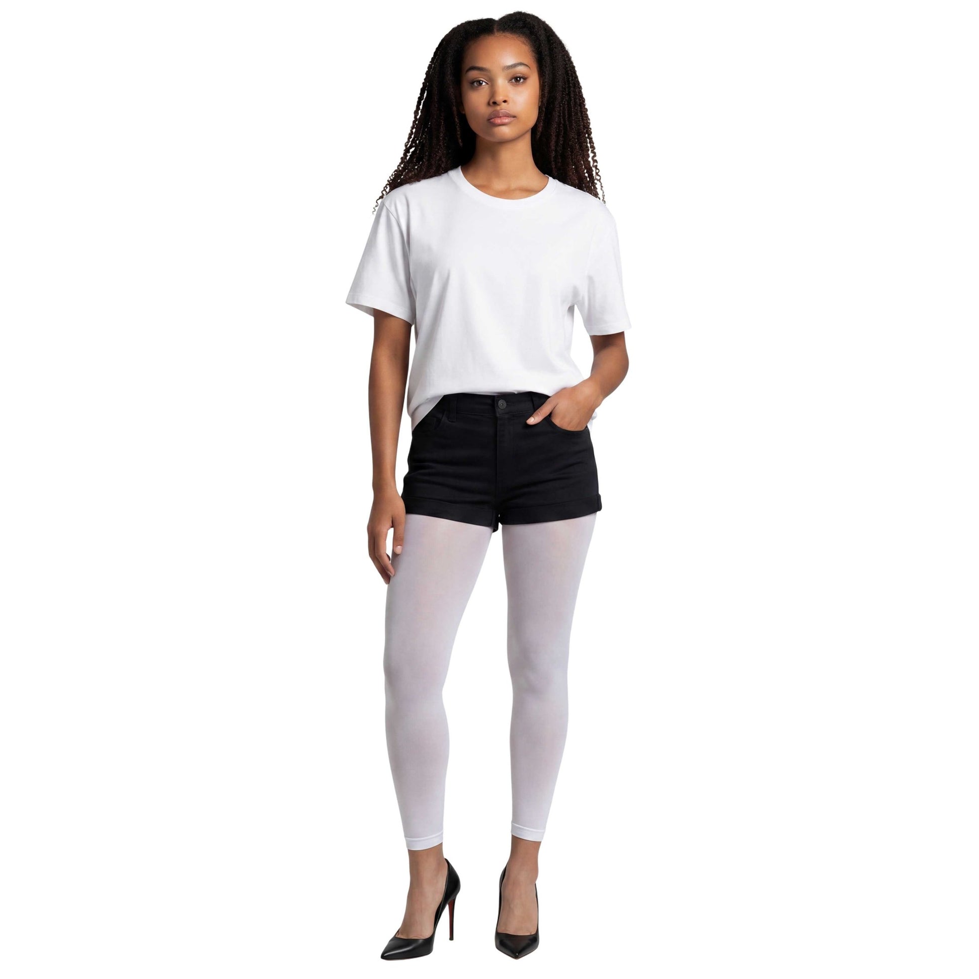 Woman wearing a Comfortable white footless tights designed for versatile styling and all-day wear