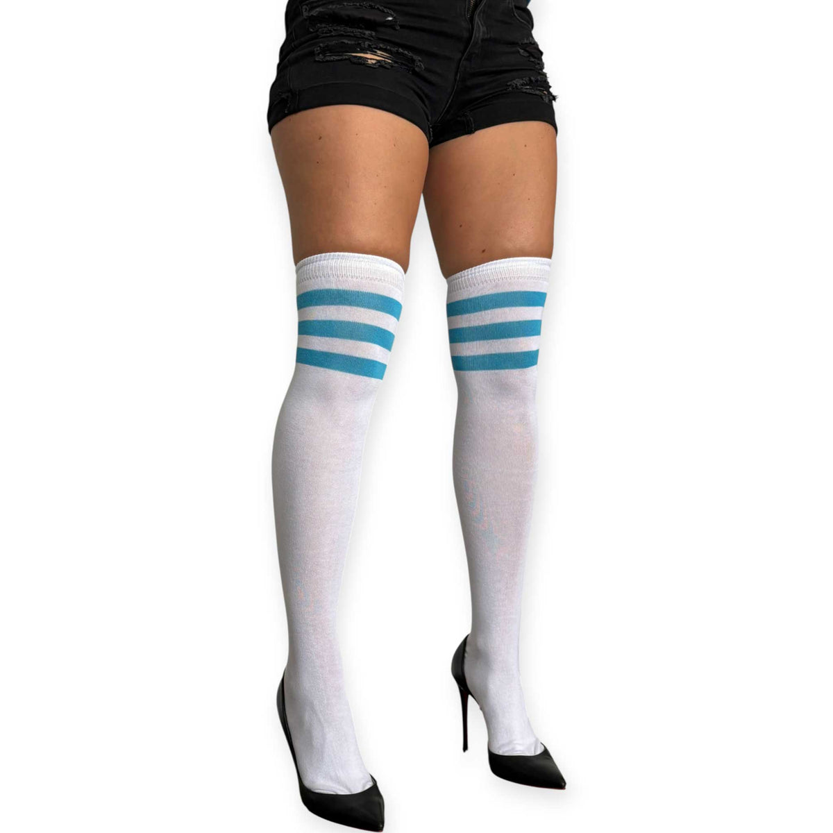 Angled front view of white thigh high socks for women by Malka Chic with turquoise contrast stripes and black pointed heels.