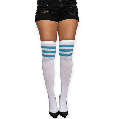 Front view of Malka Chic white over the knee socks for women featuring three turquoise horizontal stripes near the top.