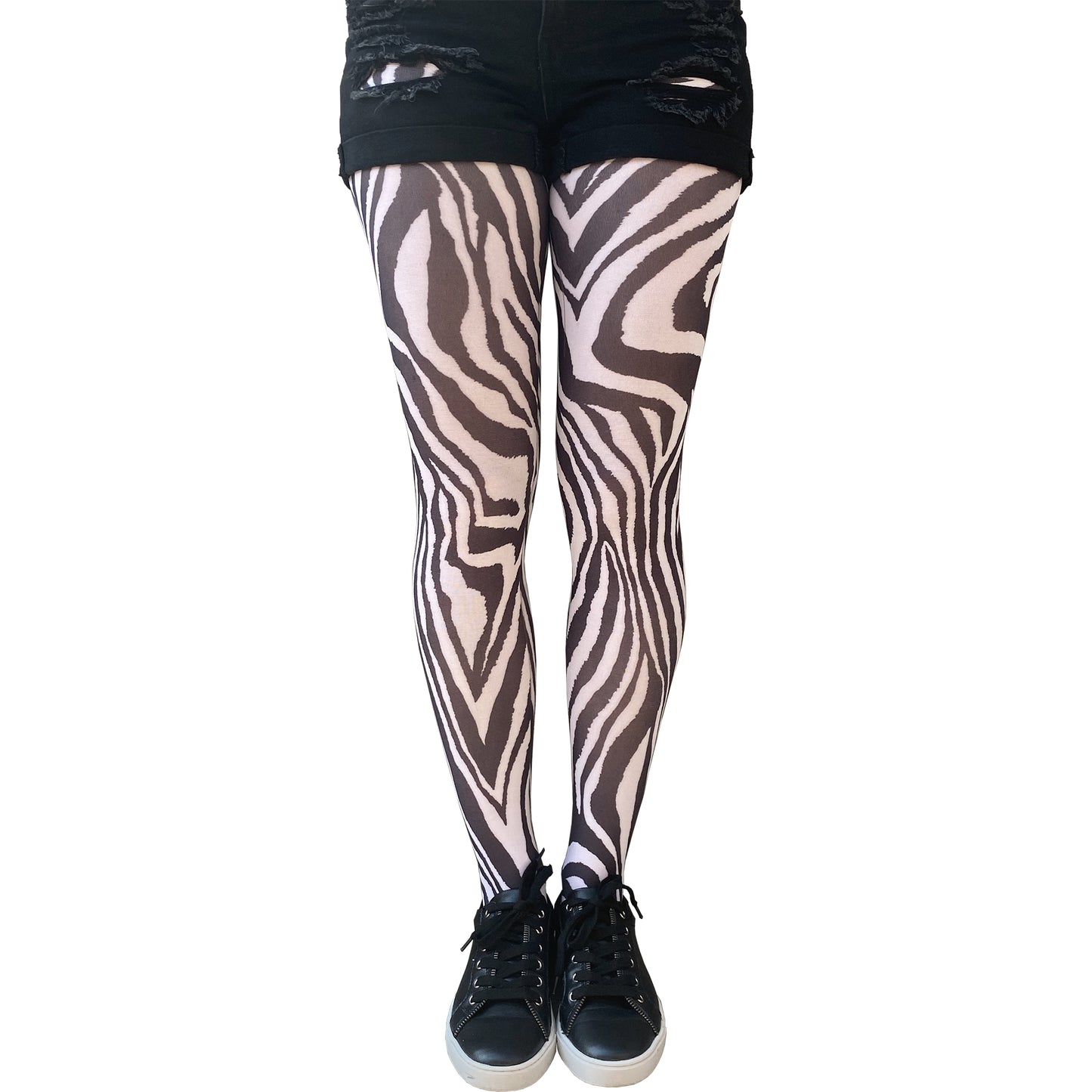 Women zebra tights outfit styling statement fashion