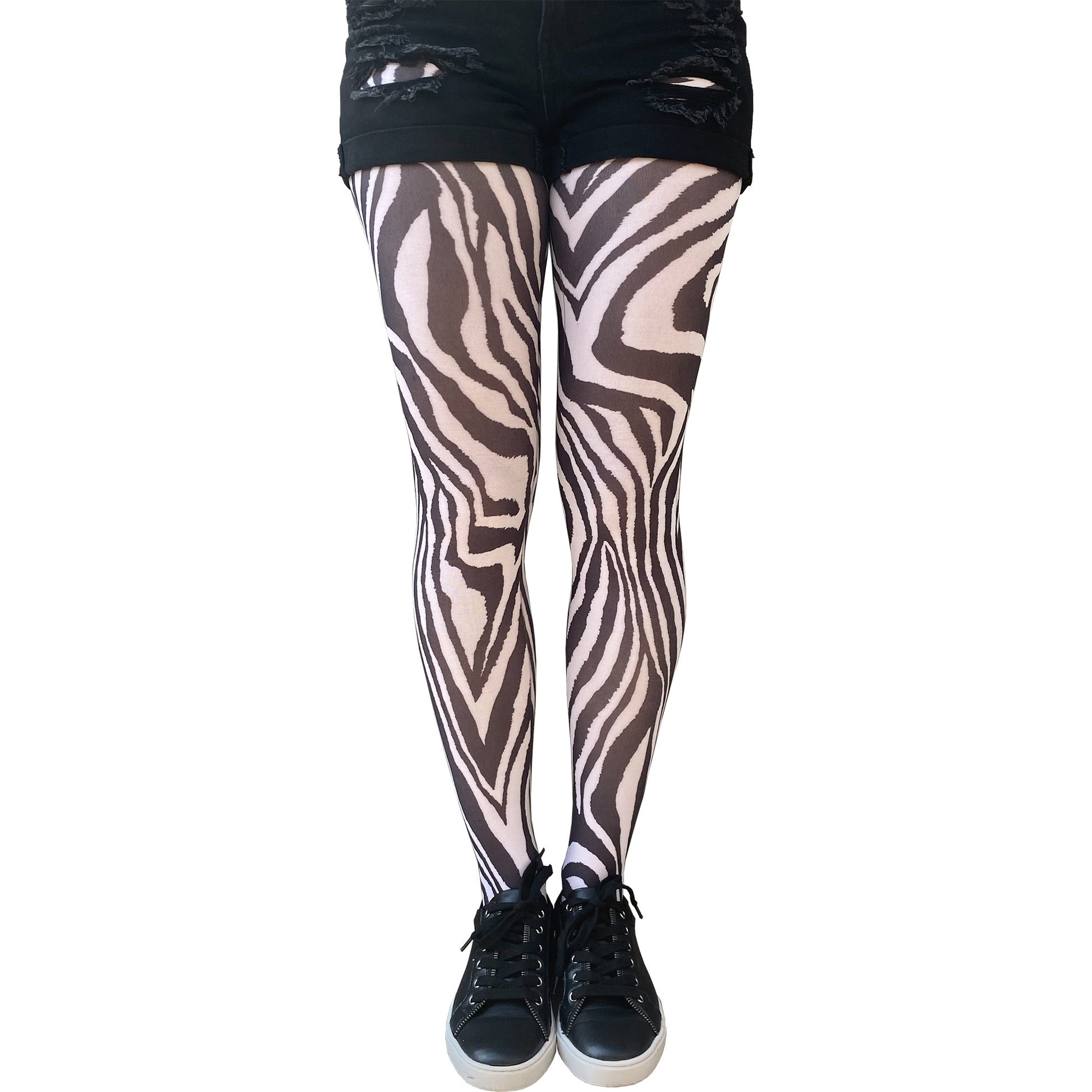 Women zebra tights outfit styling statement fashion