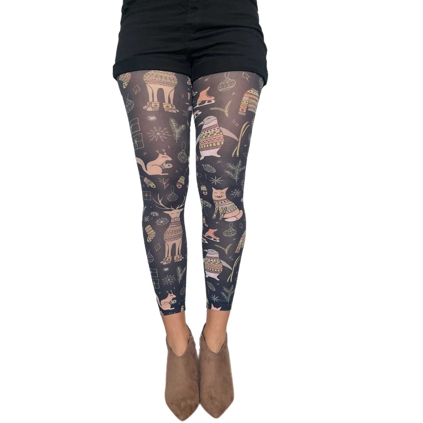 Woodland Christmas footless tights by Malka Chic featuring nature inspired holiday design