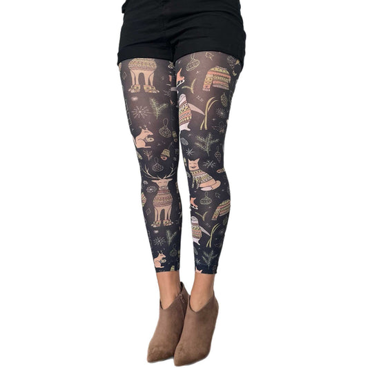 Forest themed holiday tights by Malka Chic with woodland print